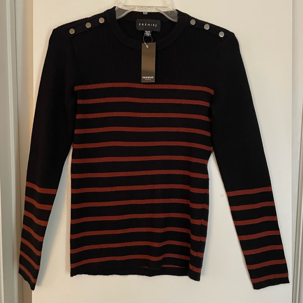 PREMISE Ribbed Crew Neck Soft Knit Sweater Top Black/Cognac Stripe NWT!